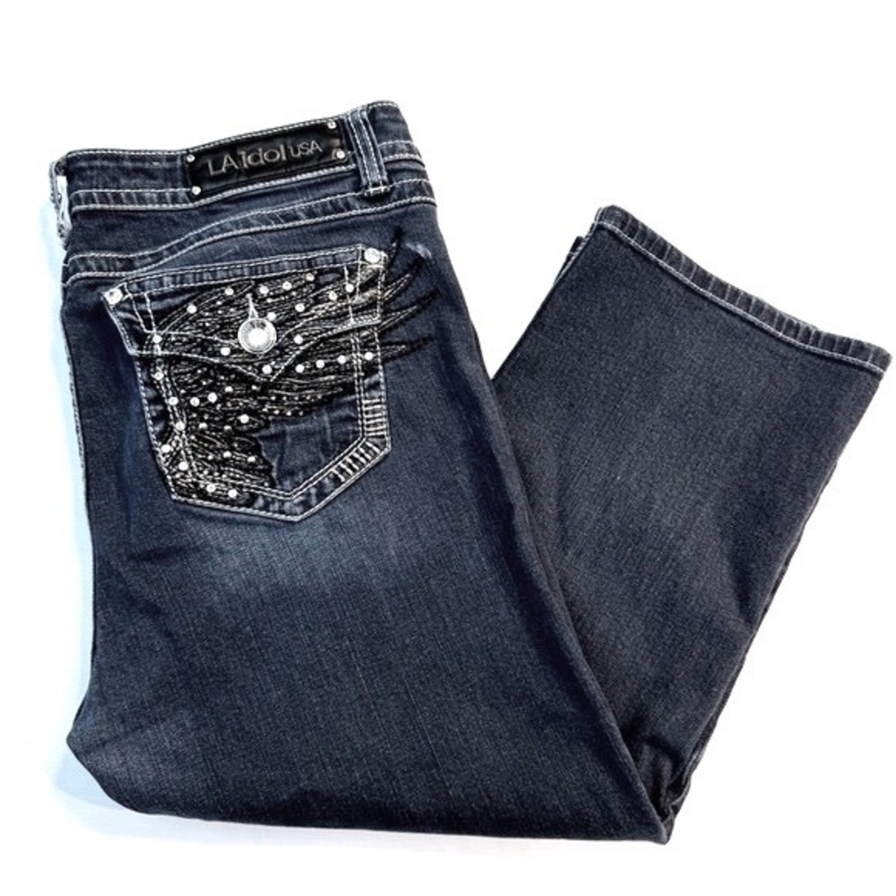 LA Idol USA Women Dark Wash Wing Rhinestone Embroidered Denim Capris Size 15